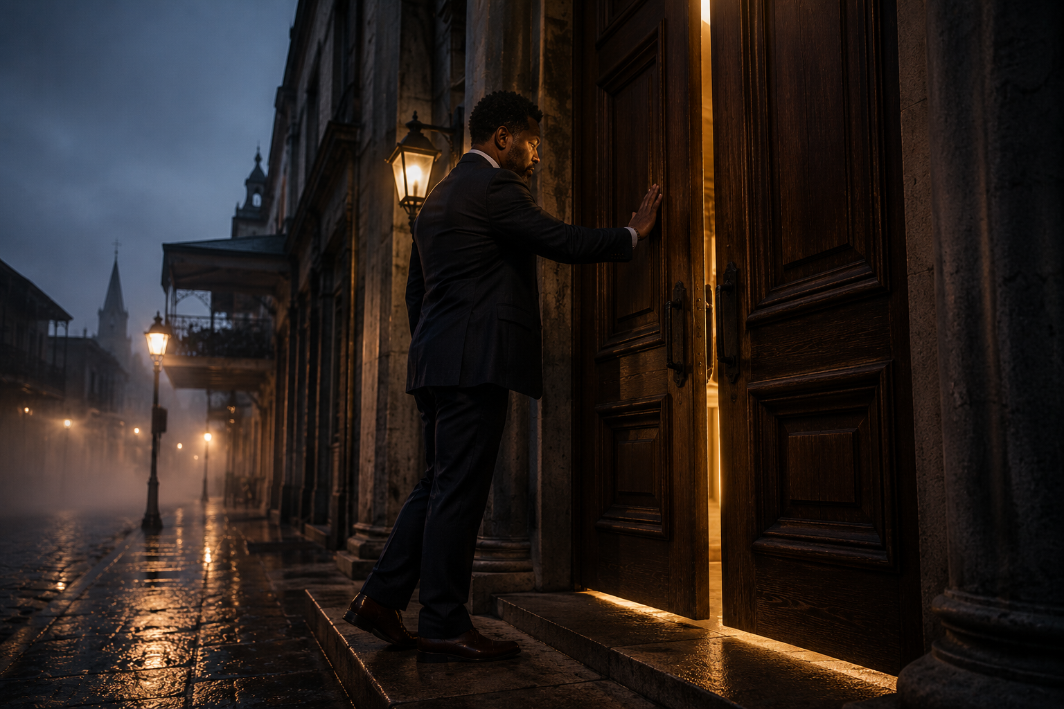 Brave school leader pushing open a glowing door into the rain — a metaphor for courageous leadership