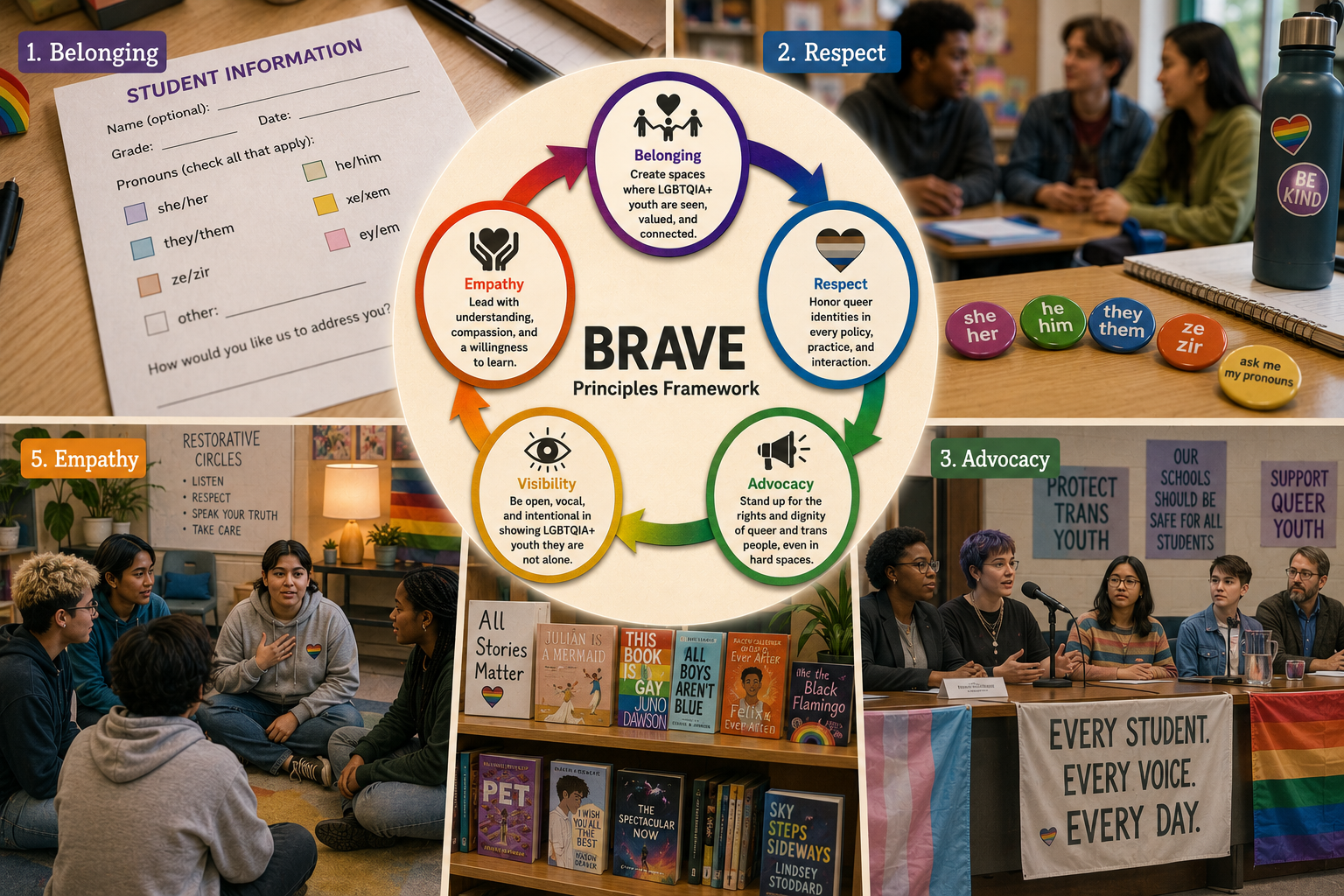 BRAVE Principles Framework illustrated scenarios: Belonging, Respect, Advocacy, Visibility, Empathy
